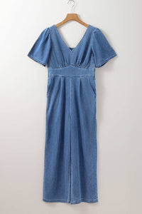Riley Denim V-Neck Short Sleeve Jumpsuit