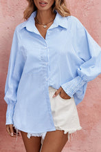 Load image into Gallery viewer, Natalie Smocked Cuffed Striped Boyfriend Shirt with Pocket
