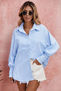 Natalie Smocked Cuffed Striped Boyfriend Shirt with Pocket