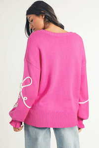 Leah Corded Flower Bow Ribbed Trim Casual Sweater