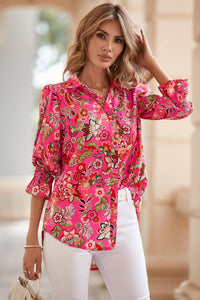 Eliana Strawberry Pink Floral Print Smocked Cuff Puff Sleeve Shirt