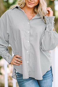 Natalie Smocked Cuffed Striped Boyfriend Shirt with Pocket