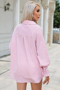 Natalie Smocked Cuffed Striped Boyfriend Shirt with Pocket