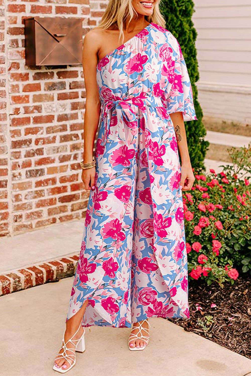 Nora Floral One Shoulder Belted Jumpsuit L
