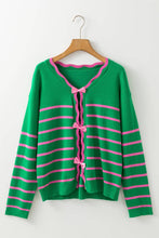 Load image into Gallery viewer, Glinda Green Stripe Ribbon Cute Bow Detail Sweater Knit Cardigan
