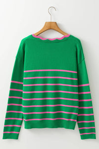Glinda Green Stripe Ribbon Cute Bow Detail Sweater Knit Cardigan