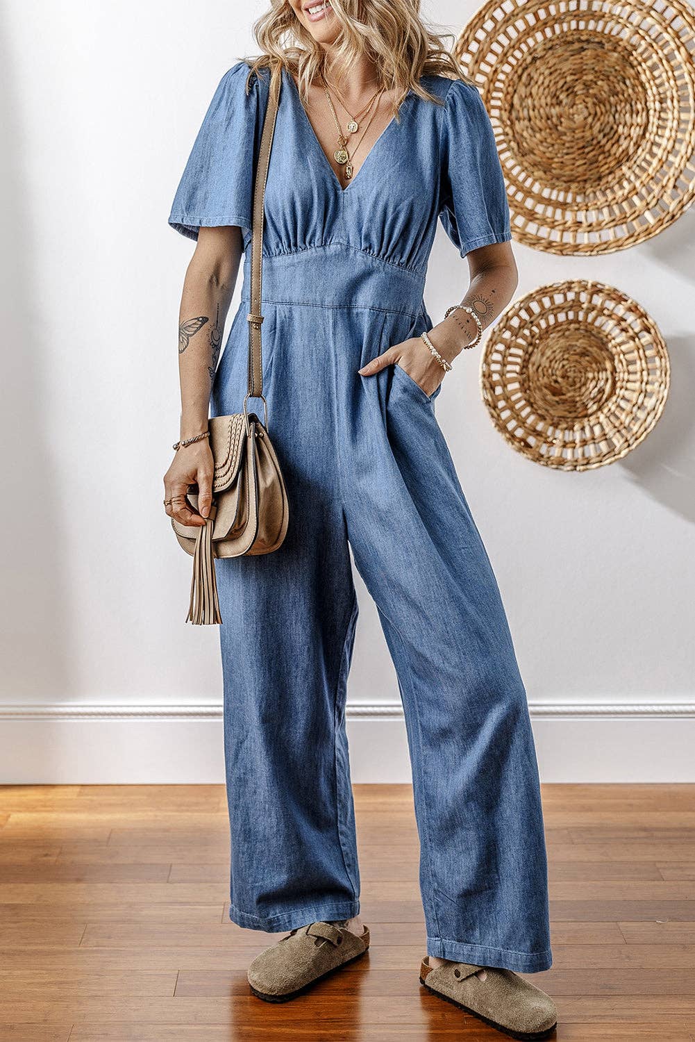 Riley Denim V-Neck Short Sleeve Jumpsuit
