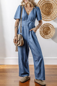 Riley Denim V-Neck Short Sleeve Jumpsuit