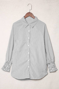 Natalie Smocked Cuffed Striped Boyfriend Shirt with Pocket