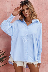 Natalie Smocked Cuffed Striped Boyfriend Shirt with Pocket