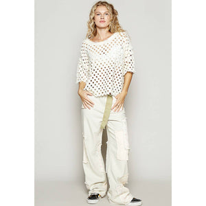Valentina Round neck short sleeve open knitted woven top