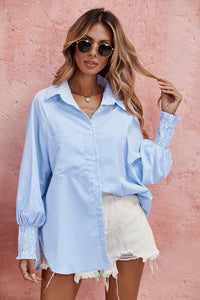 Natalie Smocked Cuffed Striped Boyfriend Shirt with Pocket