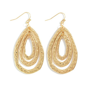 Metal Tear Drop Earrings Featuring Hammered Texture Gold