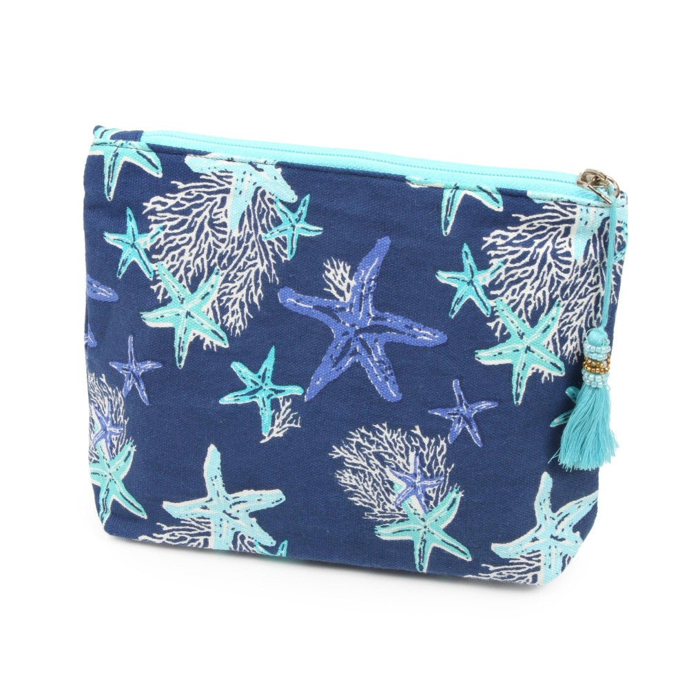 Starfish coral beach travel pouch with tassel accent.