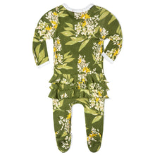 Load image into Gallery viewer, Green Floral Bamboo Ruffle Zipper Footed Romper
