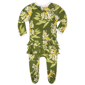 Green Floral Bamboo Ruffle Zipper Footed Romper