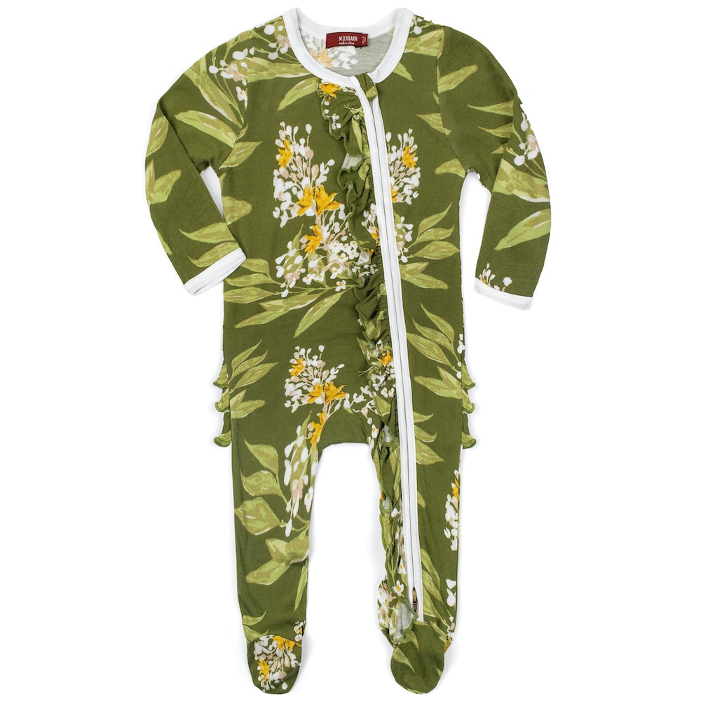 Green Floral Bamboo Ruffle Zipper Footed Romper