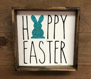 6x6 Happy Easter Glitter Bunny Handmade Framed Teal - Simply Susan’s