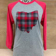 Ohio Plaid Hunter Red Sleeve Baseball Tee - Simply Susan’s