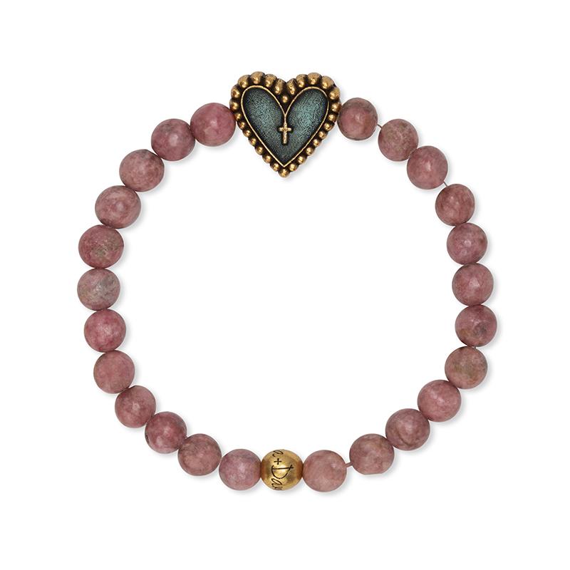 ROSARY HEART STRETCH BRACELET WITH RHODONITE BEADS