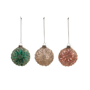 2"H Embossed Glass Flower Disk Ornament w/ Tinsel & Glitter